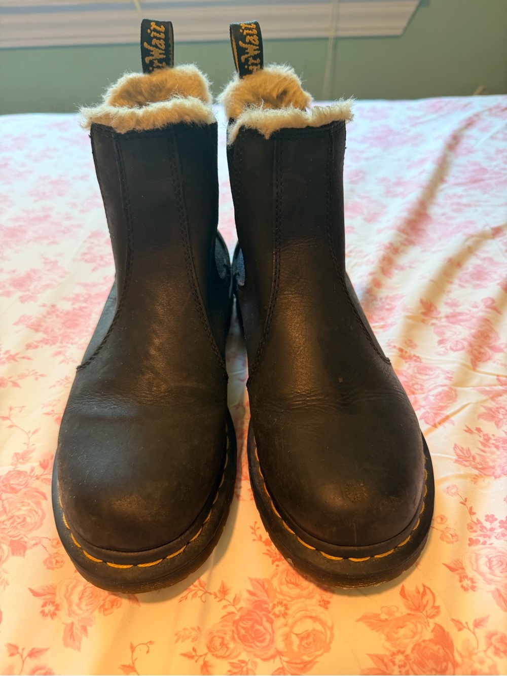 Dr. Martens Black Leather Chelsea Boots with Faux Fur Collar